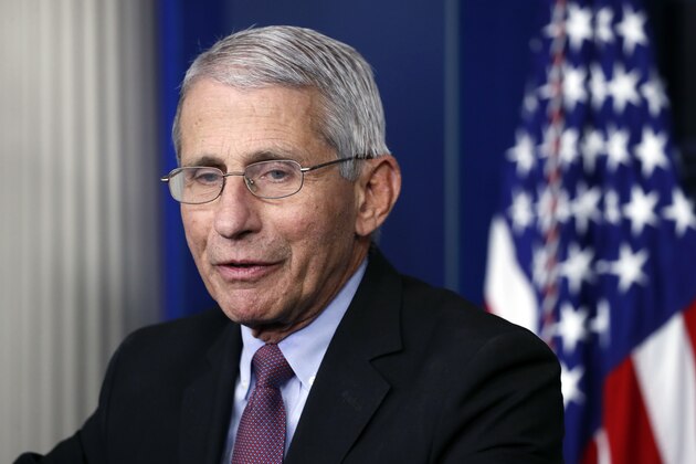 FILE - In this Wednesday, April 22, 2020, file photo, Dr. Anthony Fauci, director of the National Institute of Allergy and Infectious Diseases, speaks about the new coronavirus in the James Brady Press Briefing Room of the White House, in Washington. Three members of the White House coronavirus task force, including Fauci, have placed themselves in quarantine after contact with someone who tested positive for COVID-19, another stark reminder that not even one of the nationâ€™s most secure buildings is immune from the virus. (AP Photo/Alex Brandon, File)
