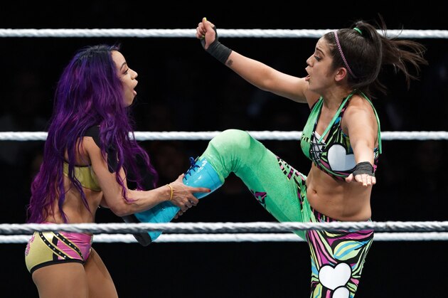 PARIS, FRANCE - MAY 19:  Sasha Banks (L) in action vs Bayley during WWE Live AccorHotels Arena Popb Paris Bercy on May 19, 2018 in Paris, France.  (Photo by Sylvain Lefevre/Getty Images)