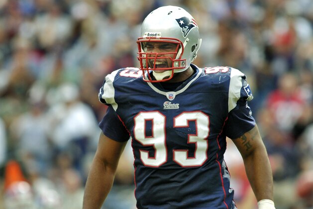 Patriots defensive lineman Richard Seymour celebrates a big play in a game between the New England Patriots and Buffalo Bills, won by the Patriots, 19-17 at Gillette Stadium in Foxborough, Massachusetts on September 10, 2006. (Photo by Michael Valeri/Getty Images)