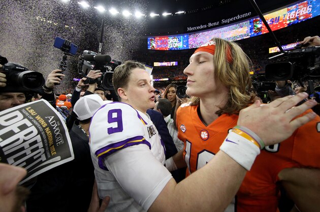 NEW ORLEANS, LOUISIANA - JANUARY 13: Joe Burrow #9 of the LSU Tigers talks with Trevor Lawrence #16 of the Clemson Tigers after their 42-25 win over Clemson Tigers in the College Football Playoff National Championship game at Mercedes Benz Superdome on January 13, 2020 in New Orleans, Louisiana. (Photo by Chris Graythen/Getty Images) NEW ORLEANS, LOUISIANA - JANUARY 13: Joe Burrow #9 of the LSU Tigers talks with Trevor Lawrence #16 of the Clemson Tigers after their 42-25 win over Clemson Tigers in the College Football Playoff National Championship game at Mercedes Benz Superdome on January 13, 2020 in New Orleans, Louisiana. (Photo by Chris Graythen/Getty Images)