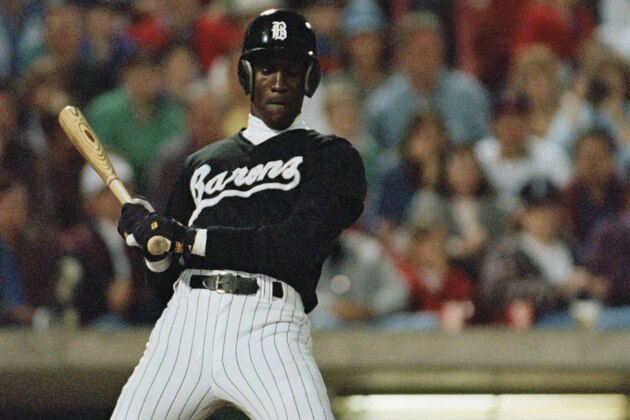 Birmingham Barons Michael Jordan is brushed back by a pitch in the third inning of their game against the Chattanooga Lookouts at the Hoover Metropolitan Stadium in Birmingham, Ala., April 8, 1994. Jordan flied out on his first at-bat in his first official game for the AA Barons. (AP Photo/Dave Martin)