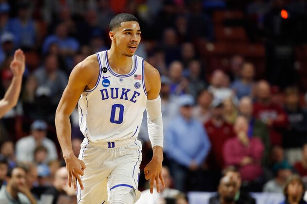GREENVILLE, SC - MARCH 19:  Jayson Tatum #0 of the Duke Blue Devils reacts in the first half against the South Carolina Gamecocks during the second round of the 2017 NCAA Men's Basketball Tournament at Bon Secours Wellness Arena on March 19, 2017 in Greenville, South Carolina.  (Photo by Gregory Shamus/Getty Images)