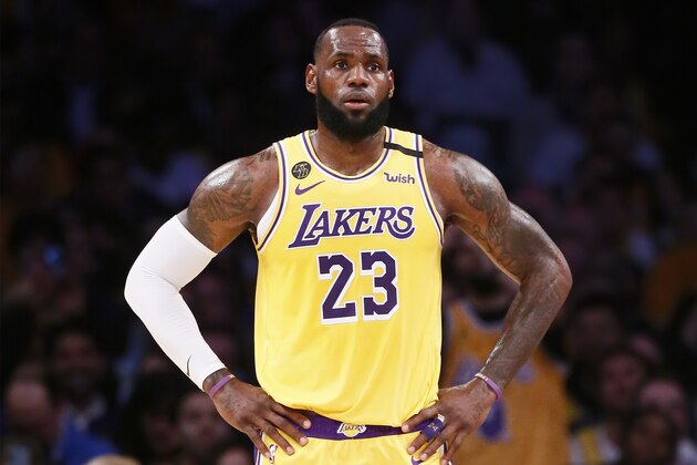 LOS ANGELES, CA - MARCH 10: LeBron James #23 of the Los Angeles Lakers looks on during a game against the Brooklyn Nets at the Staples Center on March 10, 2020 in Los Angeles, CA. NOTE TO USER: User expressly acknowledges and agrees that, by downloading and or using this photograph, User is consenting to the terms and conditions of the Getty Images License Agreement. Mandatory Credit: 2020 NBAE (Photo by Chris Elise/NBAE via Getty Images)
