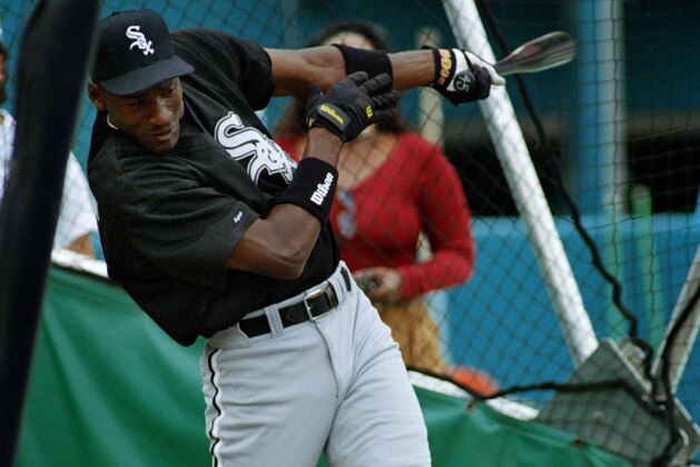 Chicago White Sox's Michael Jordan is seen during batting practice prior to spring training exhibition game against the Florida Marlins in Miami, Fla., April 1, 1994.  The White Sox announced that the former Chicago Bulls' basketball superstar has been assigned to the Class AA Birmingham Barons.  (AP Photo/Wayne Fleisher)