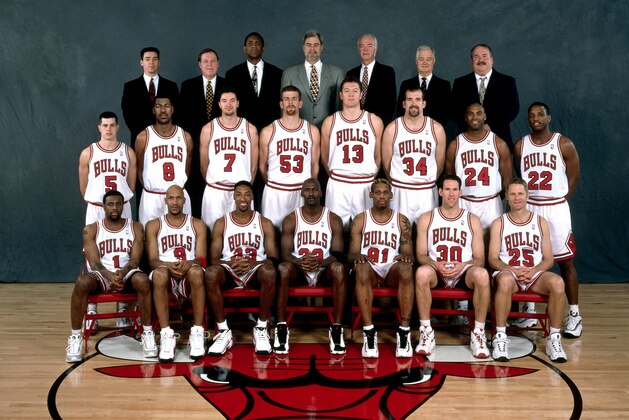 CHICAGO - 1998: The 1997-98 NBA Chicago Bulls pose for a team portrait in Chicago, IL. Front row (left to right): Randy Brown, Ron Harper, Scottie Pippen, Michael Jordan, Dennis Rodman, Jud Buechler, Steve Kerr. Second row: , Rusty LaRue, Dickey Simpkins, Toni Kukoc, Joe Klein, Luc Longley, Bill Wennington, Scott Burrell, Keith Booth. Back Row: Chip Schaefer (Trainer), Frank Hamblen (Asst Coach), Bill Cartwright (Asst. Coach), Head coach Phil Jackson, Jimmy Rodgers (Asst. Coach) , and Tex Winter (Asst. Coach), John Ligmanowski (Equip Manager). NOTE TO USER: User expressly acknowledges and agrees that, by downloading and or using this photograph, User is consenting to the terms and conditions of the Getty Images License Agreement. Mandatory copyright notice: Copyright NBAE 1998 (Photo by Bill Smith/ NBAE/ Getty Images) CHICAGO - 1998: The 1997-98 NBA Chicago Bulls pose for a team portrait in Chicago, IL. Front row (left to right): Randy Brown, Ron Harper, Scottie Pippen, Michael Jordan, Dennis Rodman, Jud Buechler, Steve Kerr. Second row: , Rusty LaRue, Dickey Simpkins, Toni Kukoc, Joe Klein, Luc Longley, Bill Wennington, Scott Burrell, Keith Booth. Back Row: Chip Schaefer (Trainer), Frank Hamblen (Asst Coach), Bill Cartwright (Asst. Coach), Head coach Phil Jackson, Jimmy Rodgers (Asst. Coach) , and Tex Winter (Asst. Coach), John Ligmanowski (Equip Manager). NOTE TO USER: User expressly acknowledges and agrees that, by downloading and or using this photograph, User is consenting to the terms and conditions of the Getty Images License Agreement. Mandatory copyright notice: Copyright NBAE 1998 (Photo by Bill Smith/ NBAE/ Getty Images)