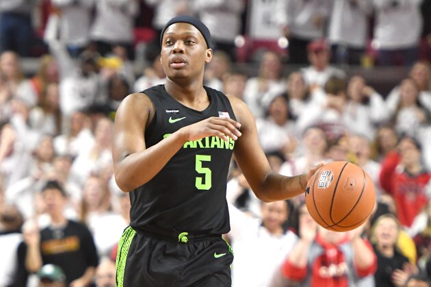 COLLEGE PARK, MD - FEBRUARY 29:  Cassius Winston #5 of the Michigan State Spartans dribbles the ball during a college basketball game against the Maryland Terrapins at the Xfinity Center on February 29, 2020 in College Park, Maryland.  (Photo by Mitchell Layton/Getty Images)