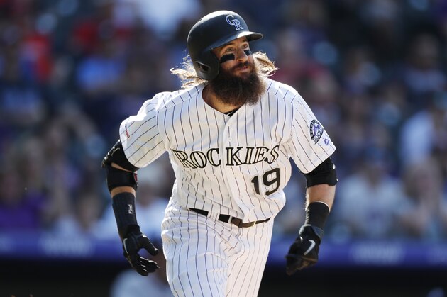 Colorado Rockies right fielder Charlie Blackmon (19) in the eighth inning of a baseball game against the Atlanta Braves, Monday, Aug. 26, 2019, in Denver. (AP Photo/David Zalubowski)