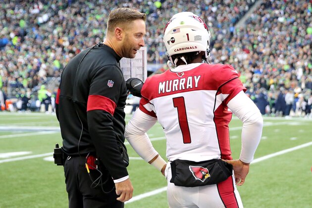 SEATTLE, WASHINGTON - DECEMBER 22: Head coach Kliff Kingsbury of the Arizona Cardinals and quarterback Kyler Murray #1 talk on the sidelines during the game against the Seattle Seahawks at CenturyLink Field on December 22, 2019 in Seattle, Washington. (Photo by Abbie Parr/Getty Images)