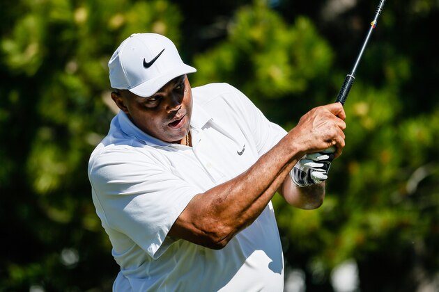 STATELINE, NEVADA - JULY 12: Charles Barkley watches the ball while driving to start the first round of of the 2019 American Century Championship at Edgewood Tahoe Golf Course on July 12, 2019 in Stateline, Nevada. (Photo by Jonathan Devich/Getty Images)