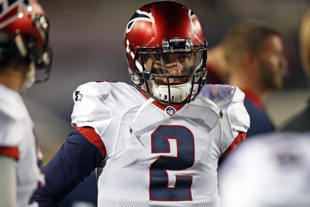 Memphis Express quarterback Johnny Manziel is seen on the sideline during a Birmingham Iron at Memphis Express AAF football game, Sunday, March 24, 2019, at Liberty Bowl Memorial Stadium in Memphis, Tenn. (AP Photo/Wade Payne)