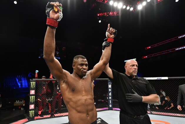 JACKSONVILLE, FLORIDA - MAY 09: Francis Ngannou of Cameroon celebrates after his knockout victory over Jairzinho Rozenstruik of Suriname in their heavyweight fight during the UFC 249 event at VyStar Veterans Memorial Arena on May 09, 2020 in Jacksonville, Florida. (Photo by Jeff Bottari/Zuffa LLC)