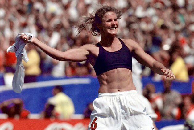 FILE - In this July 10, 1999, file photo, the United States' Brandi Chastain celebrates by taking off her jersey after kicking in the game-winning goal in a penalty shootout against China in the FIFA Women's World Cup Final at the Rose Bowl in Pasadena, Calif. Social media is finding little to like about the likeness on a plaque honoring the retired soccer champion. The Bay Area Sports Hall of Fame in San Francisco unveiled the plaque on Monday, May 21, 2018. Chastain diplomatically said FILE - In this July 10, 1999, file photo, the United States' Brandi Chastain celebrates by taking off her jersey after kicking in the game-winning goal in a penalty shootout against China in the FIFA Women's World Cup Final at the Rose Bowl in Pasadena, Calif. Social media is finding little to like about the likeness on a plaque honoring the retired soccer champion. The Bay Area Sports Hall of Fame in San Francisco unveiled the plaque on Monday, May 21, 2018. Chastain diplomatically said