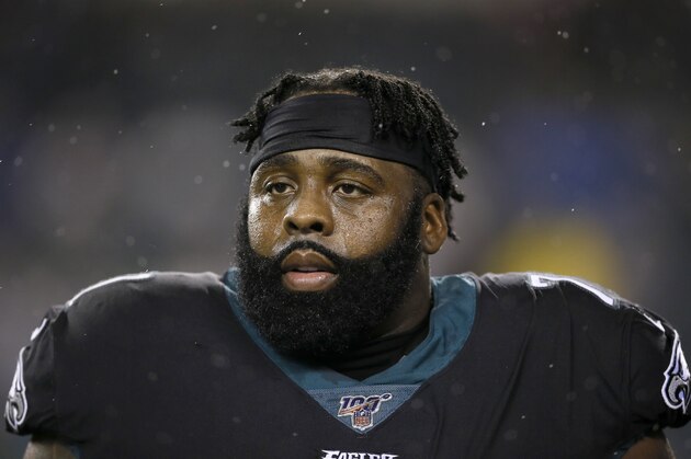 Philadelphia Eagles' Jason Peters is seen during an NFL football game against the New York Giants, Monday, Dec. 9, 2019, in Philadelphia. (AP Photo/Michael Perez)