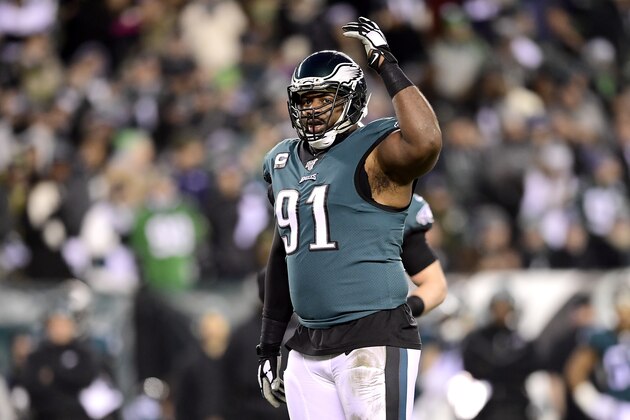 PHILADELPHIA, PENNSYLVANIA - JANUARY 05:  Fletcher Cox #91 of the Philadelphia Eagles gestures to the crowd against the Seattle Seahawks in the NFC Wild Card Playoff game at Lincoln Financial Field on January 05, 2020 in Philadelphia, Pennsylvania. (Photo by Steven Ryan/Getty Images)