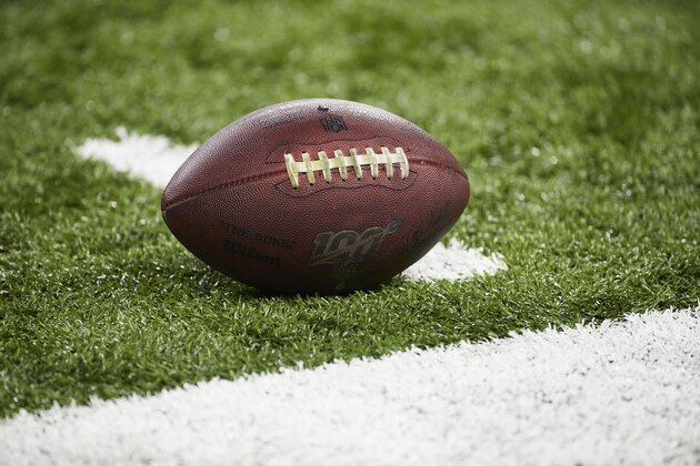Football with 100 year logo during an NFL football game at Ford Field in Detroit, Sunday, Dec. 29, 2019. (AP Photo/Rick Osentoski)