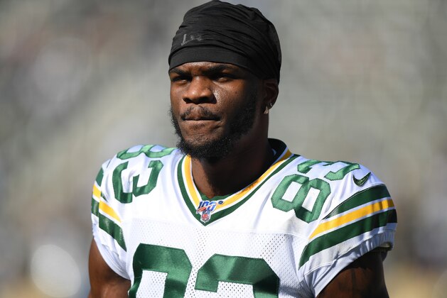 CARSON, CALIFORNIA - NOVEMBER 03:  Marquez Valdes-Scantling #83 of the Green Bay Packers before the game against the Los Angeles Chargers at Dignity Health Sports Park on November 03, 2019 in Carson, California. (Photo by Harry How/Getty Images)