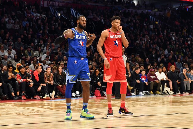 CHICAGO, IL - FEBRUARY 16: LeBron James #2 and Giannis Antetokounmpo #24 look on during the 69th NBA All-Star Game on February 16, 2020 at the United Center in Chicago, Illinois. NOTE TO USER: User expressly acknowledges and agrees that, by downloading and or using this photograph, User is consenting to the terms and conditions of the Getty Images License Agreement. Mandatory Copyright Notice: Copyright 2020 NBAE (Photo by Jesse D. Garrabrant/NBAE via Getty Images)