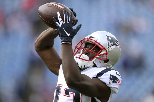 New England Patriots wide receiver Phillip Dorsett warms up before an NFL football game against the Buffalo Bills, Sunday, Sept. 29, 2019, in Orchard Park, N.Y. (AP Photo/Ron Schwane)