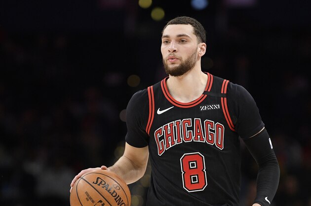 Chicago Bulls guard Zach LaVine (8) dribbles the ball during the first half of an NBA basketball game against the Washington Wizards, Tuesday, Feb. 11, 2020, in Washington. (AP Photo/Nick Wass) Chicago Bulls guard Zach LaVine (8) dribbles the ball during the first half of an NBA basketball game against the Washington Wizards, Tuesday, Feb. 11, 2020, in Washington. (AP Photo/Nick Wass)