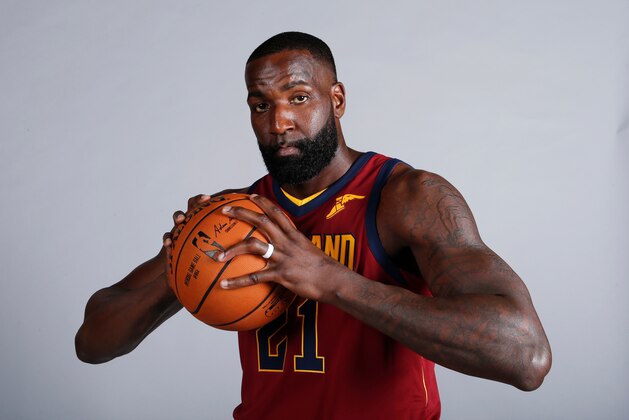 FILE - In this Sept. 25, 2017, file photo, Cleveland Cavaliers' Kendrick Perkins poses for a portrait during the NBA basketball team media day in Independence, Ohio. Veteran forward Kendrick Perkins is back with the Cavaliers. Cleveland signed Perkins on Wednesday, April 11, 2018, the final day of the regular season, and will have him on its playoff roster as the Cavs try to make the NBA Finals for the fourth straight year.(AP Photo/Ron Schwane, File)
