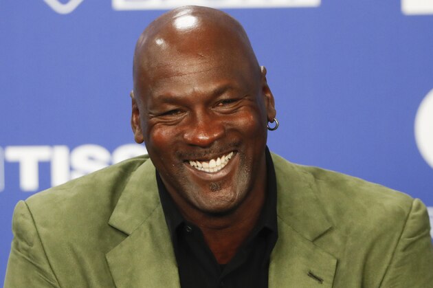 Former basketball superstar Michael Jordan speaks during a press conference ahead of NBA basketball game between Charlotte Hornets and Milwaukee Bucks in Paris, Friday, Jan. 24, 2020. (AP Photo/Thibault Camus))