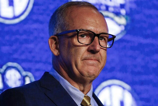 Southeastern Conference commissioner Greg Sankey speaks during the NCAA college football Southeastern Conference Media Days, Monday, July 15, 2019, in Hoover, Ala. (AP Photo/Butch Dill)