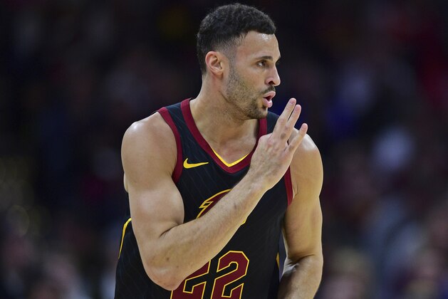 Cleveland Cavaliers forward Larry Nance Jr. celebrates after making a 3-point shot in the first half of an NBA basketball game against the Los Angeles Clippers, Friday, March 22, 2019, in Cleveland. The Clippers won 110-108.(AP Photo/David Dermer)