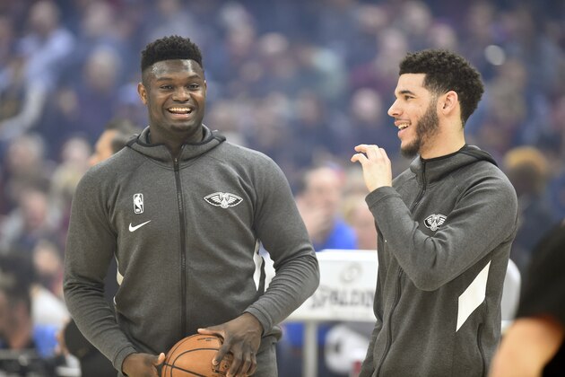 CLEVELAND, OHIO - JANUARY 28: Zion Williamson #1 talks with Lonzo Ball #2 of the New Orleans Pelicans prior to the game against the Cleveland Cavaliers at Rocket Mortgage Fieldhouse on January 28, 2020 in Cleveland, Ohio. NOTE TO USER: User expressly acknowledges and agrees that, by downloading and/or using this photograph, user is consenting to the terms and conditions of the Getty Images License Agreement. (Photo by Jason Miller/Getty Images)