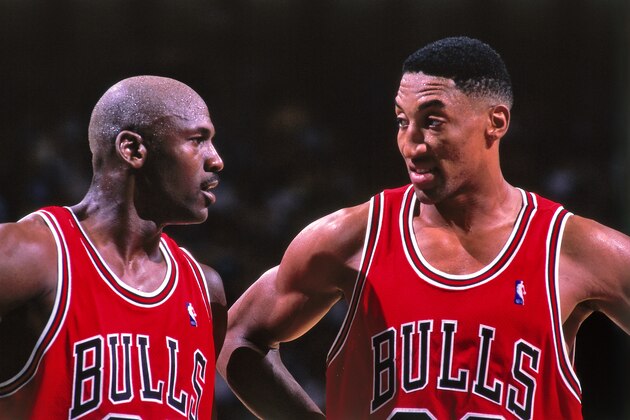 CHARLOTTE, NC - MAY 8: Michael Jordan #23 and Scottie Pippen #33 of the Chicago Bulls huddle together against the Charlotte Hornets on May 8, 1998 at Charlotte Coliseum in Charlotte, North Carolina. NOTE TO USER: User expressly acknowledges and agrees that, by downloading and or using this photograph, User is consenting to the terms and conditions of the Getty Images License Agreement. Mandatory Copyright Notice: Copyright 1998 NBAE (Photo by Kent Smith/NBAE via Getty Images) CHARLOTTE, NC - MAY 8: Michael Jordan #23 and Scottie Pippen #33 of the Chicago Bulls huddle together against the Charlotte Hornets on May 8, 1998 at Charlotte Coliseum in Charlotte, North Carolina. NOTE TO USER: User expressly acknowledges and agrees that, by downloading and or using this photograph, User is consenting to the terms and conditions of the Getty Images License Agreement. Mandatory Copyright Notice: Copyright 1998 NBAE (Photo by Kent Smith/NBAE via Getty Images)