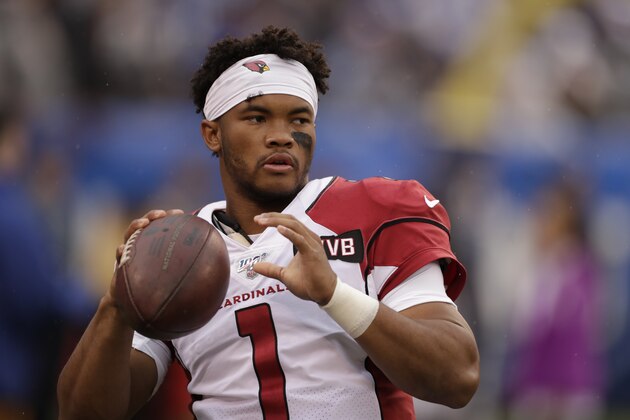 Arizona Cardinals quarterback Kyler Murray warms-up before an NFL football game against the New York Giants, Sunday, Oct. 20, 2019, in East Rutherford, N.J. (AP Photo/Adam Hunger)