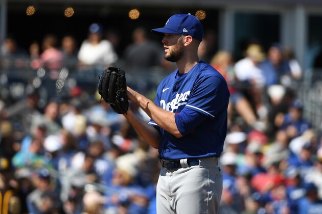 PEORIA, ARIZONA - MARCH 09: Alex Wood #57 of the Los Angeles Dodgers delivers a pitch against the San Diego Padres during a spring training game at Peoria Stadium on March 09, 2020 in Peoria, Arizona. (Photo by Norm Hall/Getty Images)