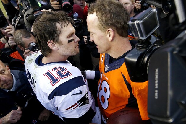 FILE - In this Sunday, Jan. 24, 2016 file photo, New England Patriots quarterback Tom Brady (12) and Denver Broncos quarterback Peyton Manning speak to one another following the NFL football AFC Championship game between the Denver Broncos and the New England Patriots in Denver. Tom Brady has been synonymous with the AFC championship for the last two decades. Thirteen times he played for the Lamar Hunt Trophy and nine times he won it. Peyton Manning he bested once but three other times he lost to his nemesis in the conference title game, twice in Denver.(AP Photo/David Zalubowski, File)
