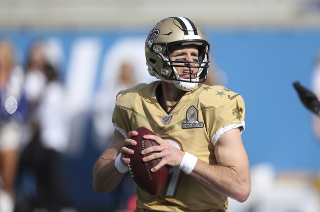 New Orleans Saints quarterback Drew Brees (9) during an NFL Pro Bowl football game, Sunday, Jan. 26, 2020, in Orlando, Fla. (Doug Benc/AP Images for NFL)