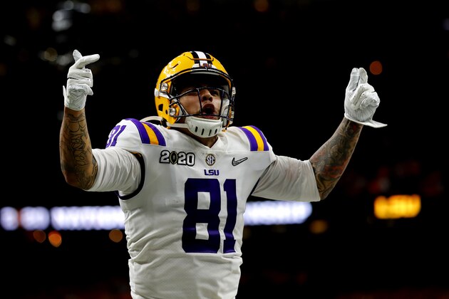 NEW ORLEANS, LOUISIANA - JANUARY 13: Thaddeus Moss #81 of the LSU Tigers reacts after scoring a touchdown against Clemson Tigers in the College Football Playoff National Championship game at Mercedes Benz Superdome on January 13, 2020 in New Orleans, Louisiana. (Photo by Jonathan Bachman/Getty Images)