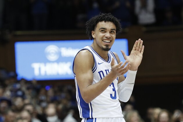 FILE - In this March 7, 2020, file photo, Duke guard Tre Jones (3) reacts during the second half of an NCAA college basketball game against North Carolina in Durham, N.C. Jones said Saturday, March 21, 2020, that he will enter the NBA draft. The point guard was chosen for named to the third team of The Associated Press All-America team on Friday. (AP Photo/Gerry Broome, File) FILE - In this March 7, 2020, file photo, Duke guard Tre Jones (3) reacts during the second half of an NCAA college basketball game against North Carolina in Durham, N.C. Jones said Saturday, March 21, 2020, that he will enter the NBA draft. The point guard was chosen for named to the third team of The Associated Press All-America team on Friday. (AP Photo/Gerry Broome, File)
