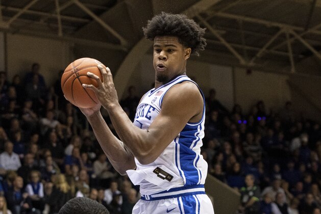 Duke's Vernon Carey Jr. (1) gathers a rebound during an NCAA college basketball game against Georgia State in Durham, N.C., Friday, Nov. 15, 2019. (AP Photo/Ben McKeown)