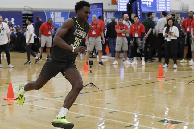 Kris Wilkes, from UCLA, participates in the second day of the NBA draft basketball combine in Chicago, Friday, May 17, 2019. (AP Photo/Nam Y. Huh)