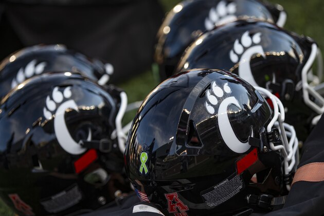 CINCINNATI, OH - OCTOBER 19: Cincinnati Bearcats helmets are seen during the game against the Tulsa Golden Hurricane at Nippert Stadium on October 19, 2019 in Cincinnati, Ohio. (Photo by Michael Hickey/Getty Images)