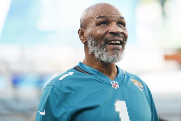 JACKSONVILLE, FLORIDA - SEPTEMBER 19: Mike Tyson looks on before the start of the Tennessee Titans at Jacksonville Jaguars at TIAA Bank Field on September 19, 2019 in Jacksonville, Florida. (Photo by James Gilbert/Getty Images)