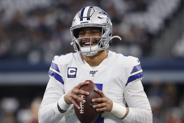 Dallas Cowboys quarterback Dak Prescott (4) prior to an NFL football game against the Washington Redskins in Arlington, Texas, Sunday, Dec. 15, 2019. (AP Photo/Ron Jenkins)