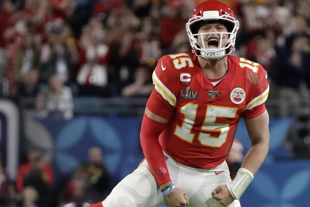 Kansas City Chiefs quarterback Patrick Mahomes (15) celebrates a long pass against the San Francisco 49ers during the second half of the NFL Super Bowl 54 football game Sunday, Feb. 2, 2020, in Miami Gardens, Fla. (AP Photo/Wilfredo Lee)