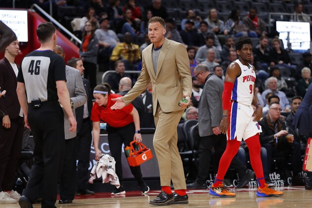 Detroit Pistons' Blake Griffin argues a call against the Oklahoma City Thunder in the second half of an NBA basketball game in Detroit, Wednesday, March 4, 2020. (AP Photo/Paul Sancya)