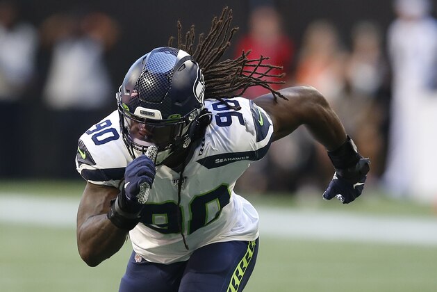 Seattle Seahawks defensive end Jadeveon Clowney (90) breaks off the line of scrimmage in a week 7 NFL football game against the Atlanta Falcons, Sunday, Sep. 27, 2019 in Atlanta. (Michael Zarrilli/AP Images for Panini, via AP) Seattle Seahawks defensive end Jadeveon Clowney (90) breaks off the line of scrimmage in a week 7 NFL football game against the Atlanta Falcons, Sunday, Sep. 27, 2019 in Atlanta. (Michael Zarrilli/AP Images for Panini, via AP)