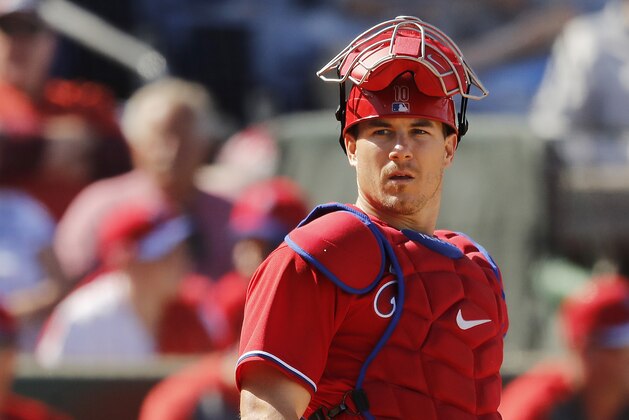 CLEARWATER, FLORIDA - MARCH 07:  J.T. Realmuto #10 of the Philadelphia Phillies in action against the Boston Red Sox during a Grapefruit League spring training game on March 07, 2020 in Clearwater, Florida. (Photo by Michael Reaves/Getty Images)