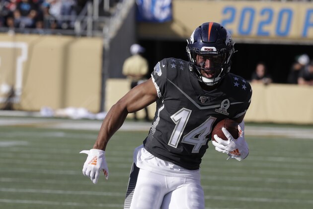 AFC wide receiver Courtland Sutton, of the Denver Broncos, (14) runs the ball, during the first half of the NFL Pro Bowl football game against the NFC, Sunday, Jan. 26, 2020, in Orlando, Fla. (AP Photo/Chris O' Meara)