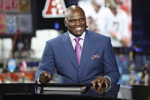 Booger McFarland is seen on the set of ESPN SportsCenter, Wednesday, April 24, 2019, in Nashville, Tenn. (AP Photo/Steve Luciano)