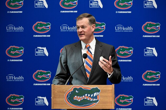 GAINESVILLE, FL - NOVEMBER 27: Florida Gators athletic director Scott Stricklin speaks during an introductory press conference for new football head coach Dan Mullen at the Bill Heavener football complex on November 27, 2017 in Gainesville, Florida. (Photo by Rob Foldy/Getty Images) GAINESVILLE, FL - NOVEMBER 27: Florida Gators athletic director Scott Stricklin speaks during an introductory press conference for new football head coach Dan Mullen at the Bill Heavener football complex on November 27, 2017 in Gainesville, Florida. (Photo by Rob Foldy/Getty Images)