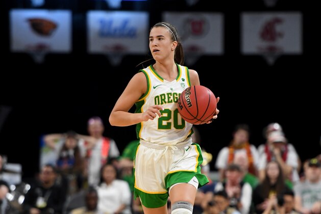 LAS VEGAS, NEVADA - MARCH 08:  Sabrina Ionescu #20 of the Oregon Ducks brings the ball up the court against the Stanford Cardinal during the championship game of the Pac-12 Conference women's basketball tournament at the Mandalay Bay Events Center on March 8, 2020 in Las Vegas, Nevada. The Ducks defeated the Cardinal 89-56.  (Photo by Ethan Miller/Getty Images)