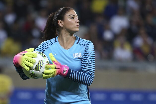 FILE - In this Aug. 3, 2016, file photo, United States' goalkeeper Hope Solo takes the ball during a women's soccer game at the Rio Olympics against New Zealand in Belo Horizonte, Brazil. Th suspended U.S. national team goalkeeper said Wednesday, Sept. 28, 2016, she has had shoulder replacement surgery. (AP Photo/Eugenio Savio, File)