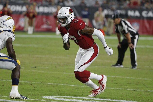 Arizona Cardinals wide receiver Hakeem Butler (17) during the first half of an NFL preseason football game against the Los Angeles Chargers, Thursday, Aug. 8, 2019, in Glendale, Ariz. (AP Photo/Rick Scuteri)